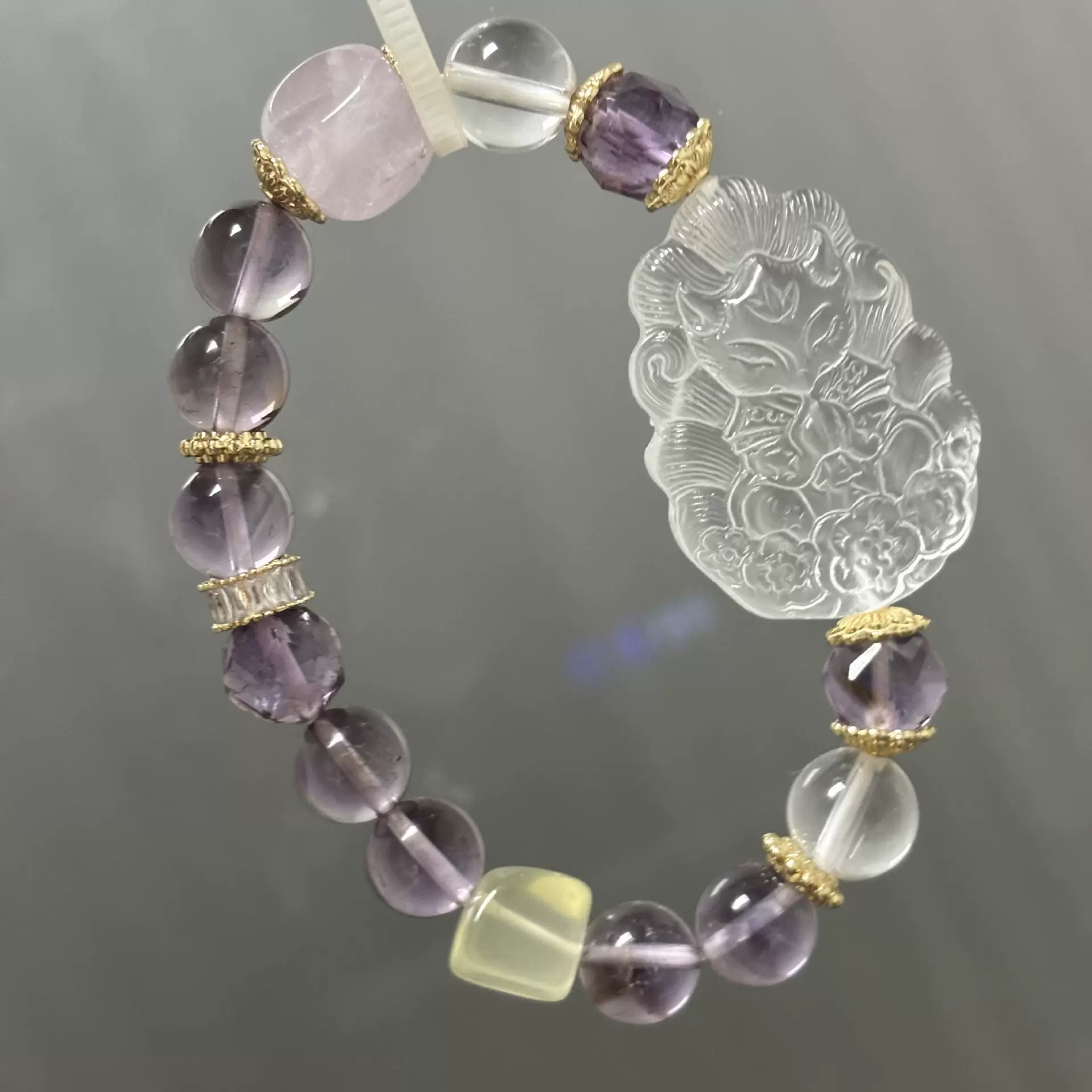 原创新品紫锂辉水晶手链搭配天然黄水晶白水晶九尾狐牌水晶饰品