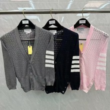 工厂店高品质TB女款夏季长袖四杠条纹V领针织衫开衫休闲穿搭舒适