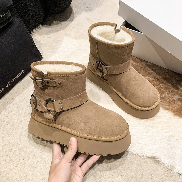 Cizme de zăpadă cu talpă groasă pentru femei, iarna 2023, noi, din pluș și izolație groasă, burete, cizme scurte de zăpadă din bumbac_voghion.com