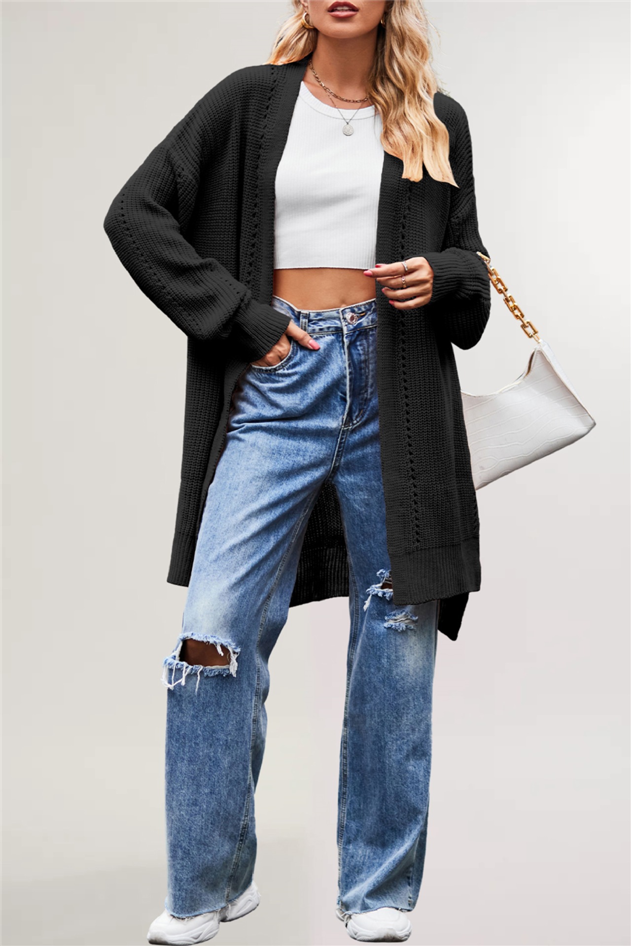 Suéter Nuevo de Otoño e Invierno 2025 para Mujer, Estilo Europeo y Americano, Color Sólido, Cárdigan Holgado de Punto con Bolsillos, Chaqueta