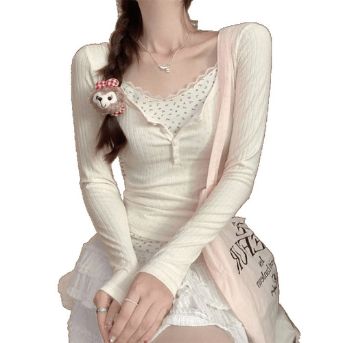 Sweet floral lace-trimmed short-sleeve mock-two-piece sheer-look T-shirt—slimming, cropped top with short sleeves