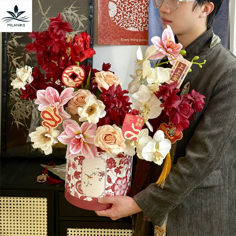 2026 Año Nuevo estampado redondo abrazar barril caja de regalo de barril de regalo de Año Nuevo estilo chino de flores de flores de barril de regalo
