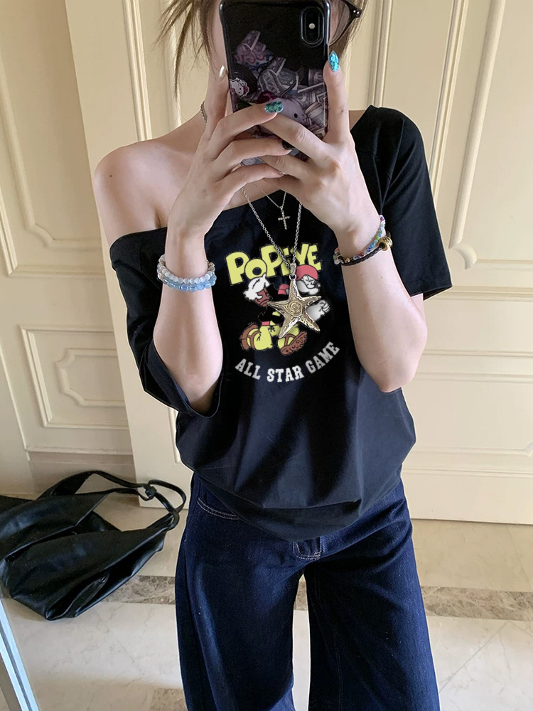 Summer New Style One-Shoulder Off-Shoulder Short-Sleeved T-Shirt for Women, American Cartoon Print Design, Casual Loose Top for Women