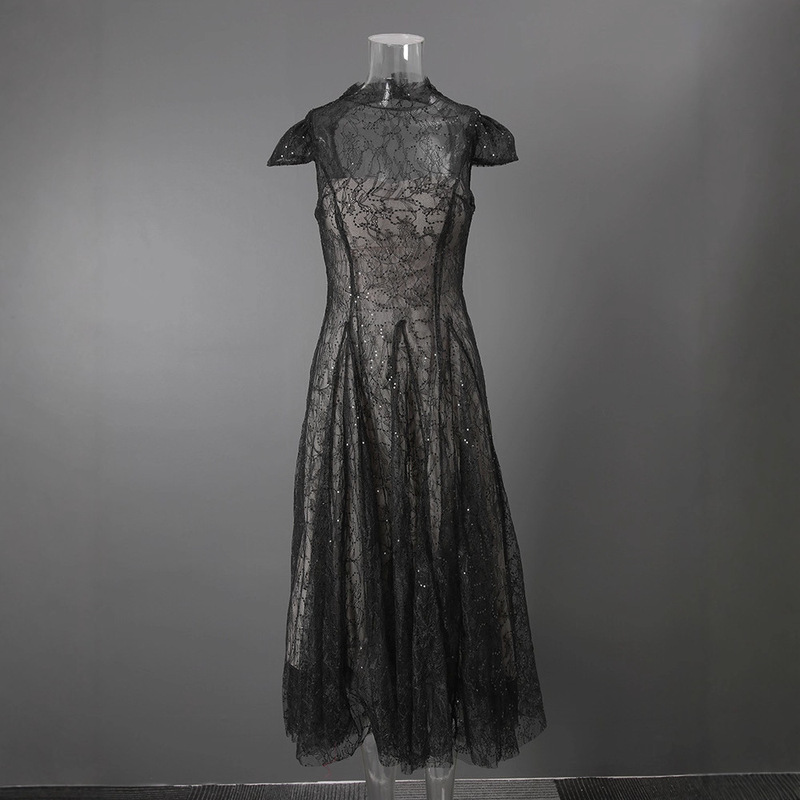 Vietnamese Niche Brand Autum New Lace Sequin Waistcoat Dress French Elegant Elegant Long Dress