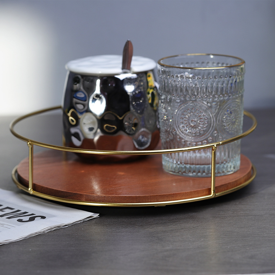 Soporte de almacenamiento de madera maciza de suministro directo de fábrica, estante de acabado de hierro, tanque de botella de condimento de escritorio, bandeja giratoria para cosméticos