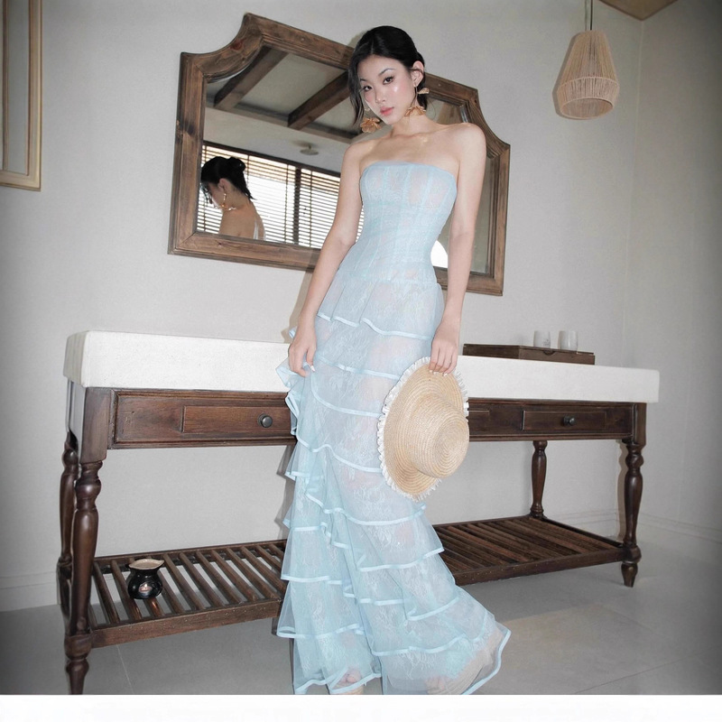 Vietnamese Niche Orange Designer Brand 2025 New Autumn and Winter Women's Tube Top Fishbone Long Skirt Dress for Women