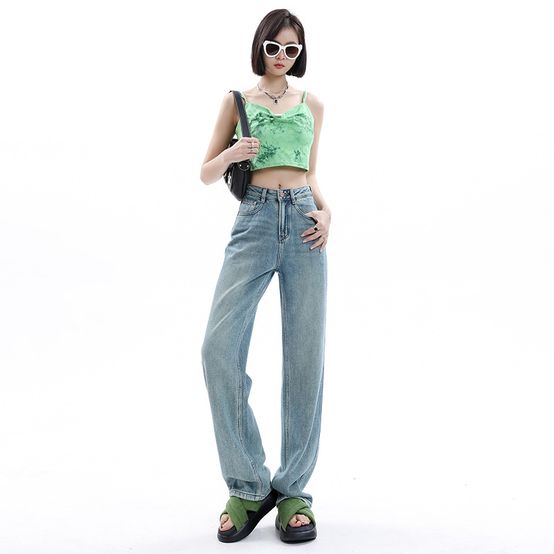 Straight-Leg Jeans for Women, Spring Hot-Selling High-Waisted Loose-Fitting Slimming Petite Blue Narrow Wide-Leg Pants for Women, Versatile