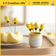 水果叉不绣钢水果叉子批发甜品陶瓷收纳罐套装家用创意水果叉硅胶