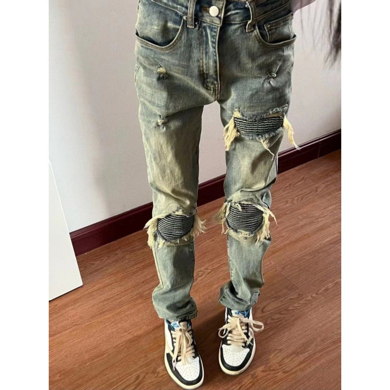 Ripped Patch Jeans for Men and Women, Trendy High Street American Style, Slim Fit, Stretchy Straight-Leg Skinny Pants