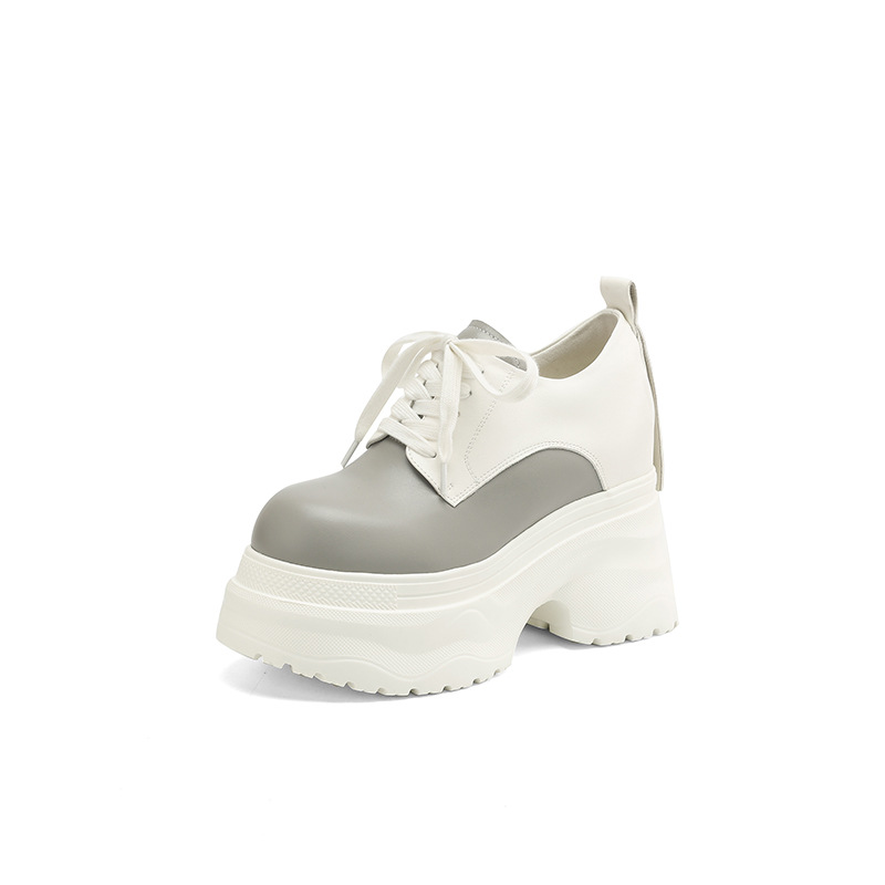 Giày sneaker nữ chunky đế dày phối màu mùa thu 2025, da bò thật, tăng chiều cao 12cm, buộc dây — Màu đen, Màu xám trắng, Màu trắng