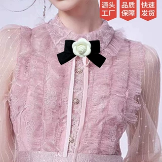 2024小香风山茶花胸针古风丝绒带蝴蝶结高级感复古百搭胸花别针