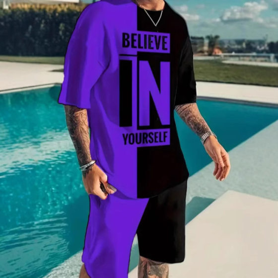2025 New Men's Cross-border Letter Series Figure Printed Case Short-sleeved T-shirt Shorts Casual Series suit Summer