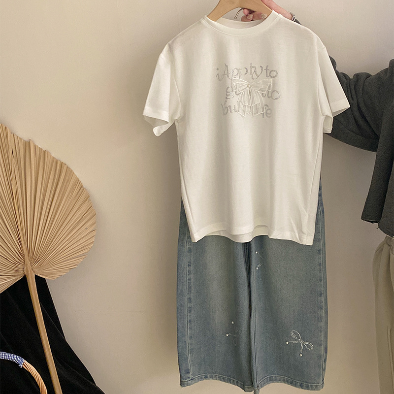Children's 2025 Summer Girls Fashionable Round Neck White Butterfly T-shirt Stylish All-match Stretch Jeans suit