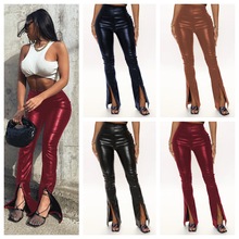 跨境爆款性感PU皮裤 欧美经典高腰弹力喇叭裤子女开叉长裤大码批