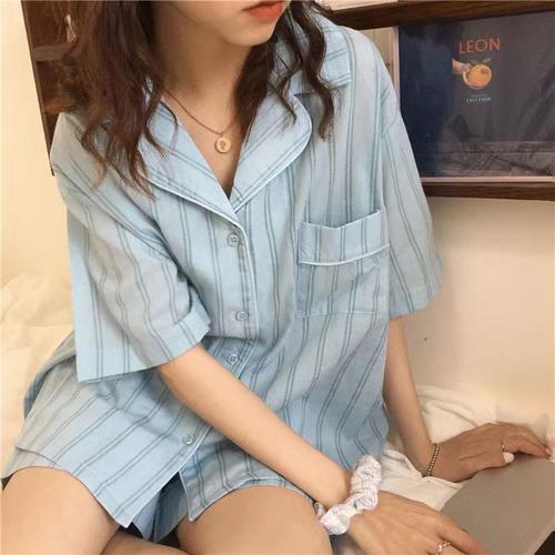 睡衣女夏季短袖套装学生少女短裤甜美可爱开衫翻领卡通韩版家居服