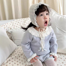 Cutemily女婴针织连体衣荷叶领爬服女宝秋冬长袖花边装饰三角哈衣