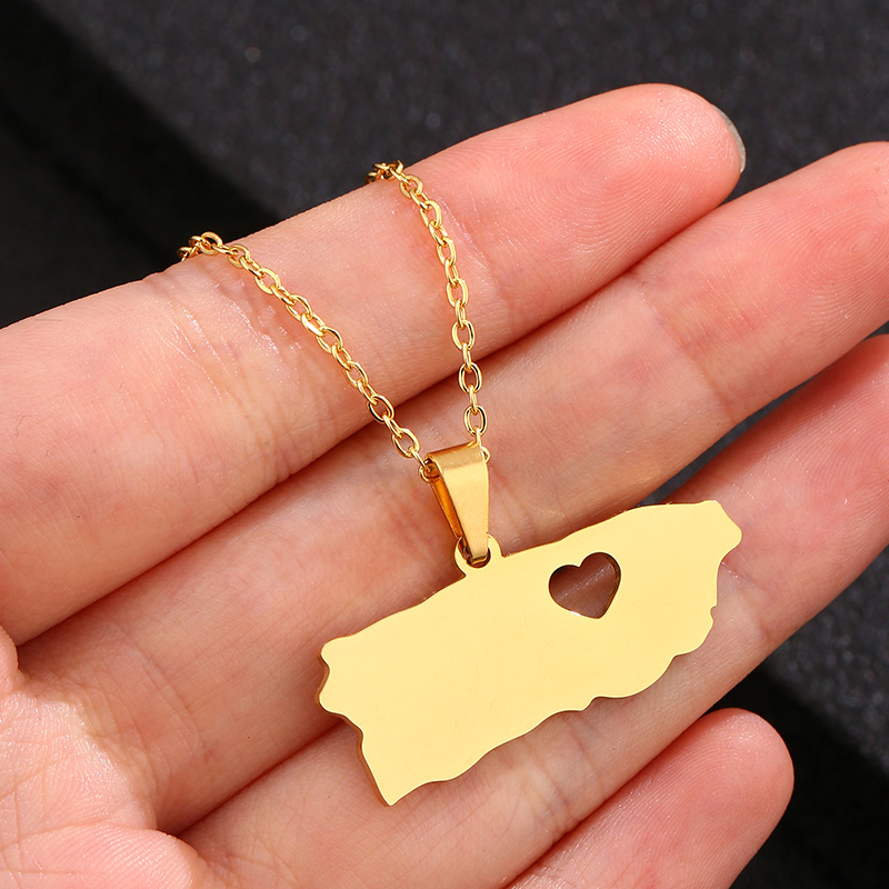 201 Stainless Steel 18K Gold Plated Modern Style Simple Style Plating Hollow Out Map Heart Shape None Pendant Necklace Long Necklace display picture 2