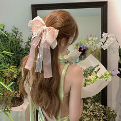 超仙網紗夏蝶結びヘアクリップ多層リボン水玉チェーンスプリングクリップ高級感後頭部ヘアアクセサリー