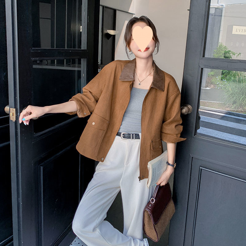 美ラードの茶色のスエードのコートの女性2025春の新型の気質のカジュアルジャケットの韓国系の短い上着|undefined