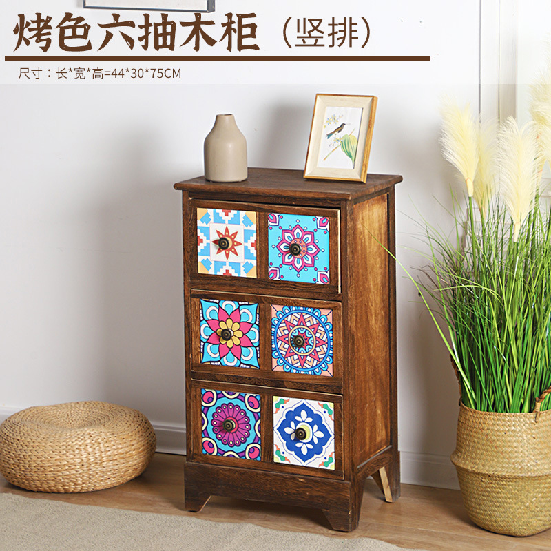 Mesita de noche americana, armario de almacenamiento creativo pastoral retro, armario de almacenamiento de madera, armario de almacenamiento de estilo étnico pintado