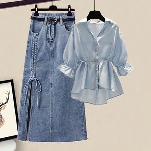 Summer suit women's 2023 new large size women's clothing Western-style waist slimming shirt denim skirt two-piece trendy