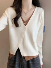 韩版领拼色假两件长袖针织开衫女春秋新款大码胖小众别致上衣