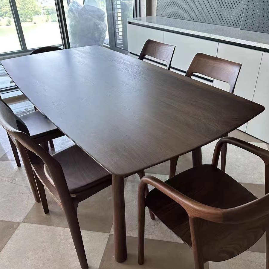 北美黑胡桃木餐桌椅现代简约轻奢会议桌红樱桃木客厅茶室家用茶桌