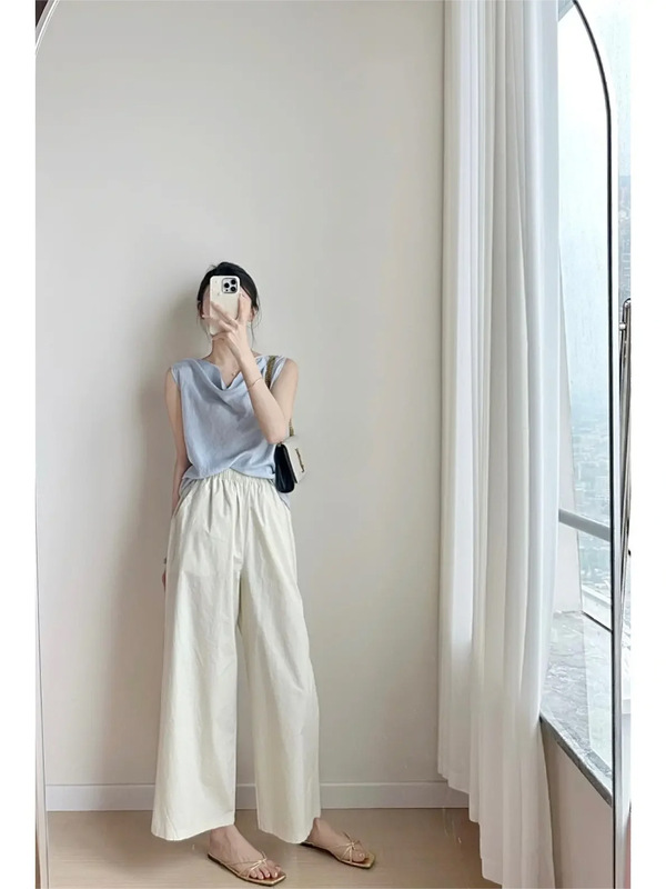 哥家商场同款女装2025夏季米白色阔腿裤百搭防晒裤简约高腰休闲|undefined