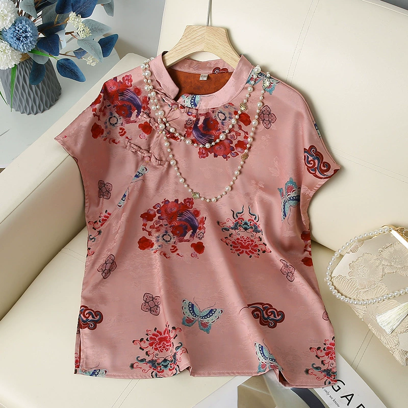 Новая китайская одежда для мам больших размеров, топ в западном стиле, лето 2025, новая модная облегающая рубашка с коротким рукавом и принтом