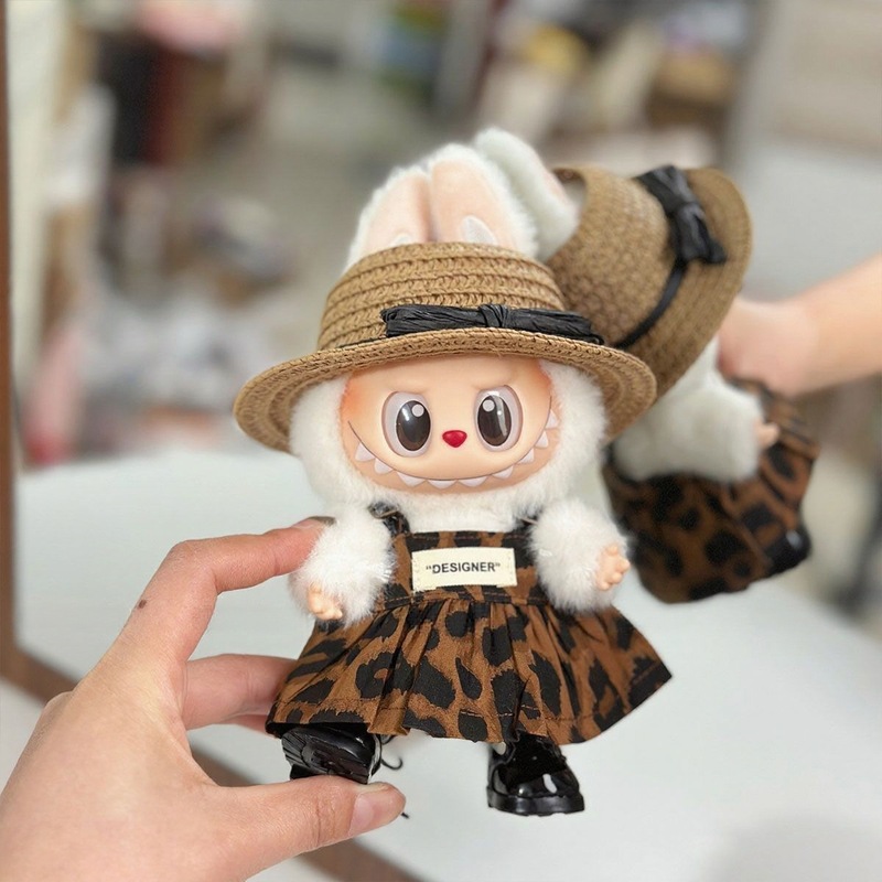 17cm拉布布娃衣配饰 搪胶玩偶labubu衣服 豹纹连衣裙草帽套装|undefined