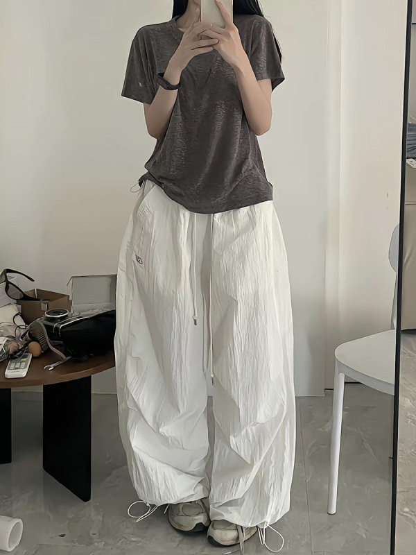 美式高街降落伞工装裤女抽绳宽松皱褶阔腿裤子休闲爵士跳舞运动裤|undefined