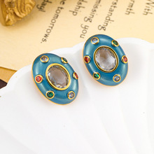 原创复古风新款镶钻水晶玻璃珐琅釉耳钉小众高级感气质精致耳饰品