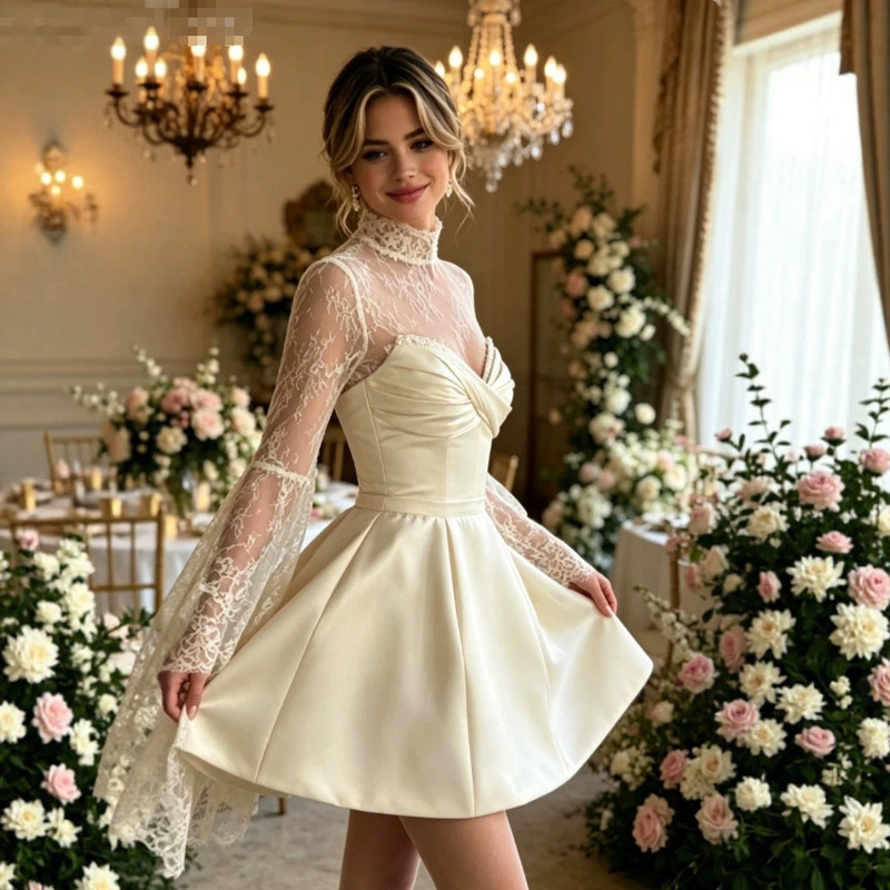 European and American Foreign Trade Design Style French High-Neck Lace Bell-Sleeve Satin Dress Short Skirt with Waist-Cinching Elegant Short Skirt European and American Foreign Trade Design Style French High-Neck Lace Bell-Sleeve Satin Dress Short Skirt with Waist-Cinching Elegant Short Skirt