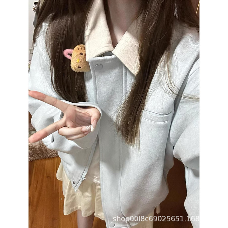 Blue Lapel Baseball Jacket for Women Autum 2025 New American Sweet Jacket Imitation Suede Early Autum Top