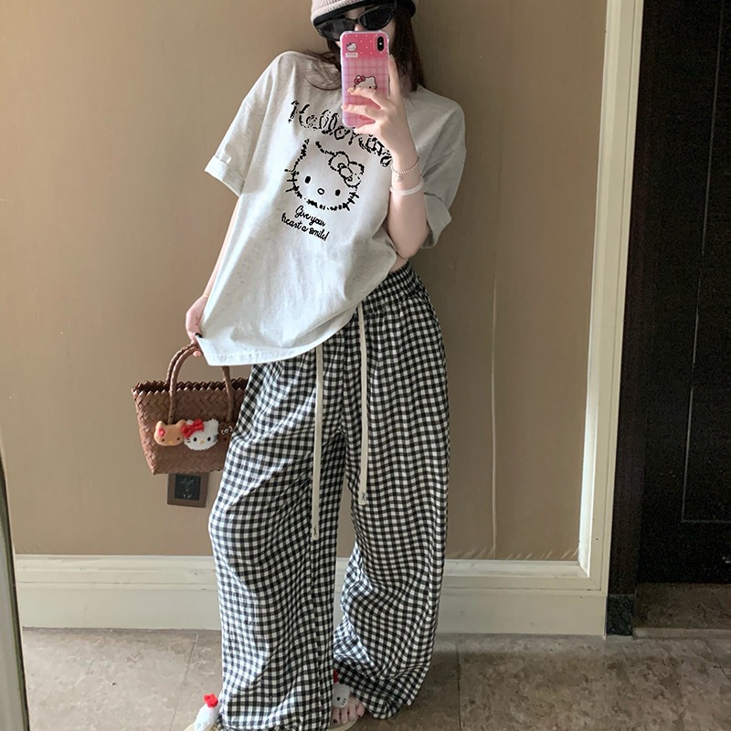 可爱KT猫睡衣女棉质夏季圆领套头短袖长裤卡通可外穿家居服套装