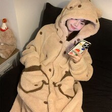 冬季圆点小熊连帽睡衣女新款韩版公主风可爱少女珊瑚绒保暖家居服