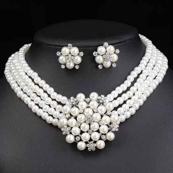 Elegant retro new pearl happy flower wedding necklace earrings jewelry suit bride wedding accessories wholesale
