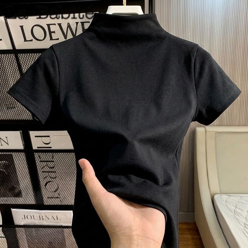Apricot-Colored Ribbed Knit Half-Turtleneck Short-Sleeve T-Shirt for Women, Summer Top Suitable for Layering under a Suit