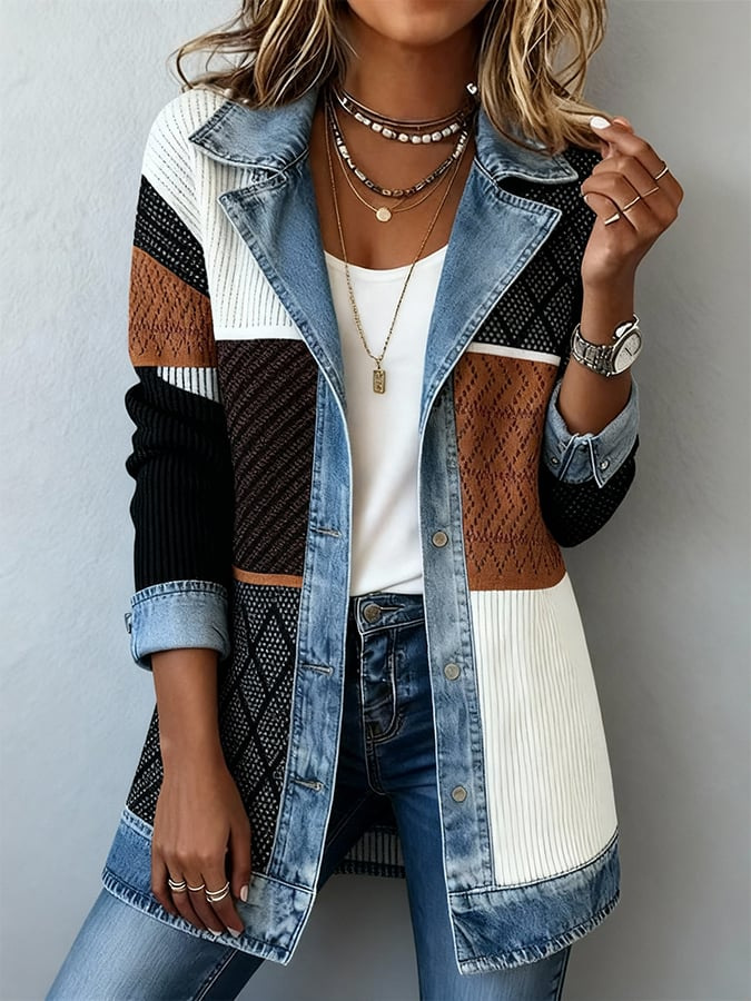 Damen Slim Fit Patchwork Jacke Elegante Langarm Übergangsjacke_voghion.com