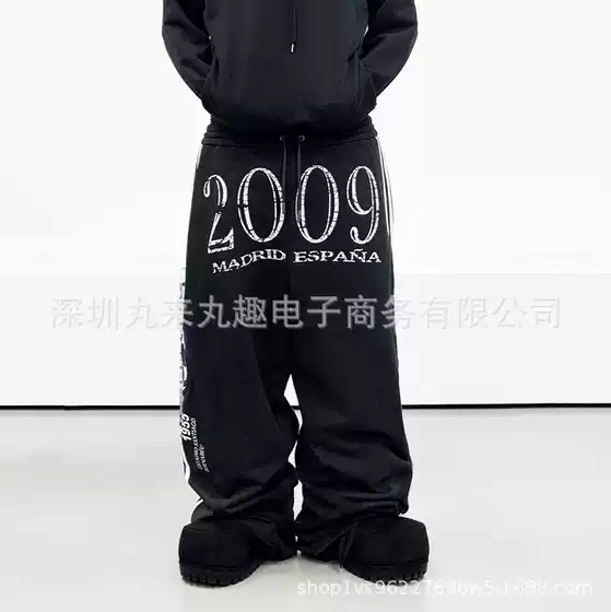 American Street Retro European and American Printed Side Stripe Patchwork Letter Printed Hip-Hop Loose Sweetpants Drawstring