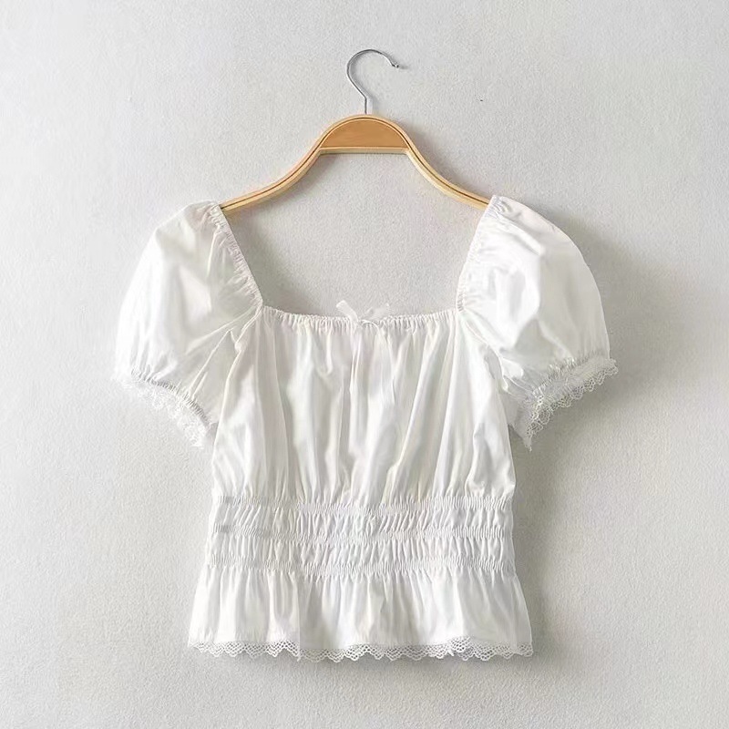 2025 Summer Women's Korean-style Sweet Short Waist-Slimming Niche-Design Bubble Sleeve Off-Shoulder Shirt