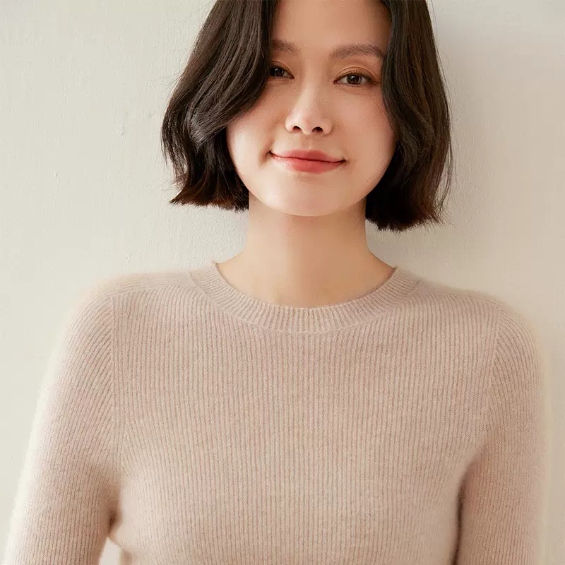 一线成衣抽条圆领羊毛衫女套头长袖内搭针织羊毛打底衫毛衣无缝女