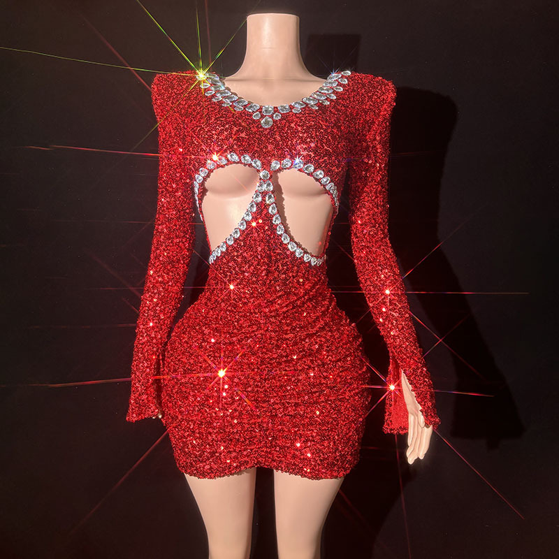Red Rose Design Performance Clothing Nightclub Bar Full Diamond Slim Dress Birthday Party Event Prom Dress Red Rose Design Performance Clothing Nightclub Bar Full Diamond Slim Dress Birthday Party Event Prom Dress