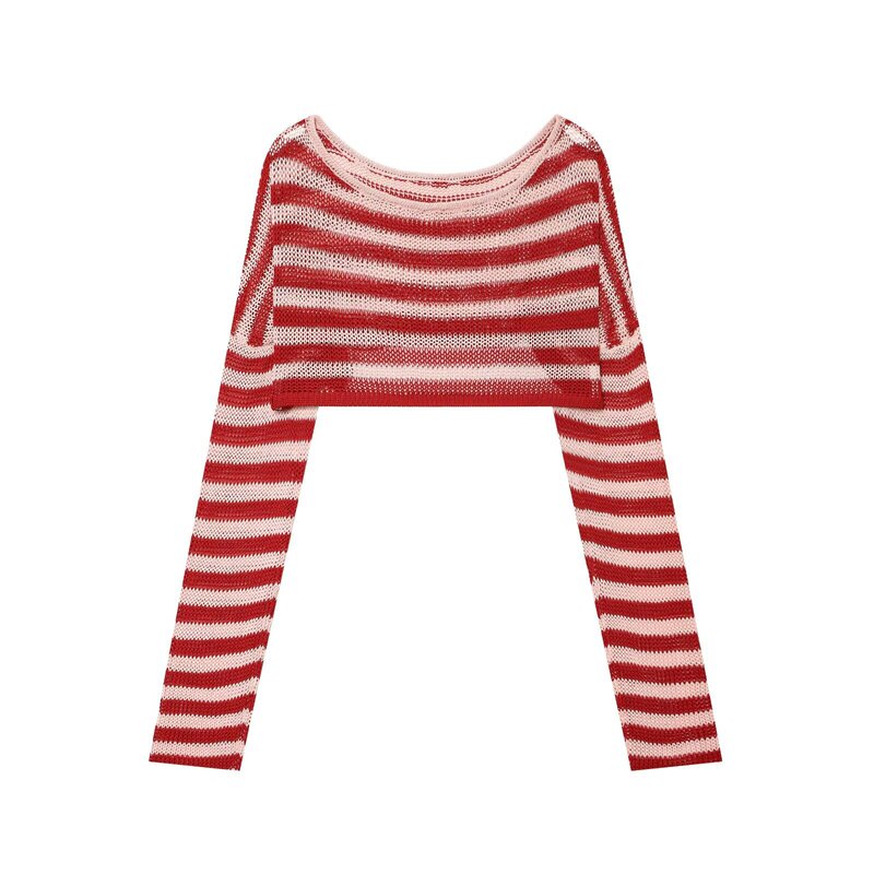 Myst&Za Women's New Summer Product, Sweet and Spicy Long-Sleeved One-Line Collar Striped Short Knitted Blouse 2142265