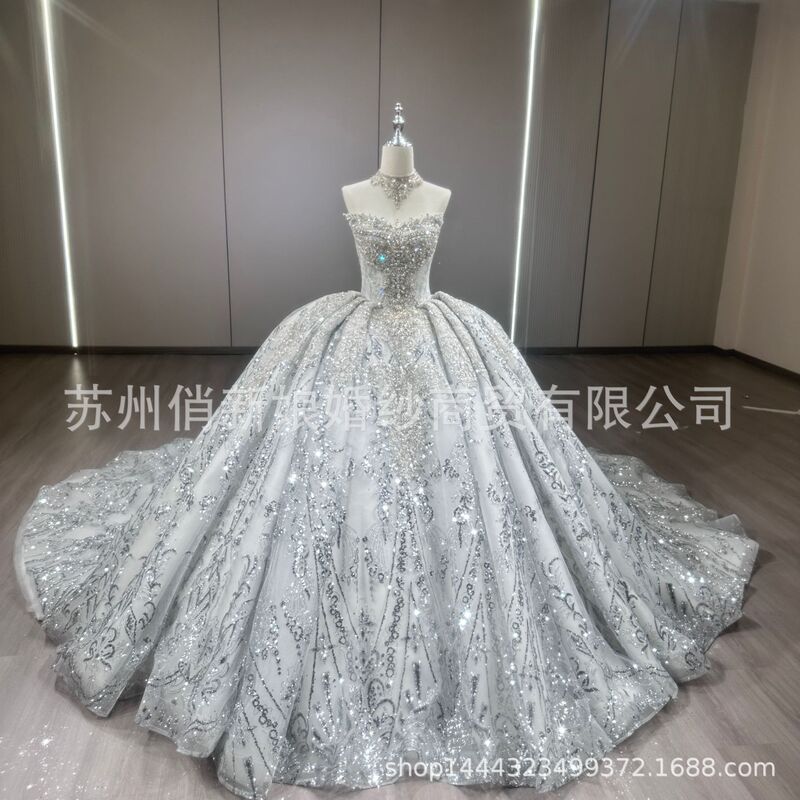 Long-Sleeve Wedding Dress 2026 New Style Bride's Heavy-Duty One-Shoulder Slimming Trailing Gown with High-Quality Texture, French Luxury Dress