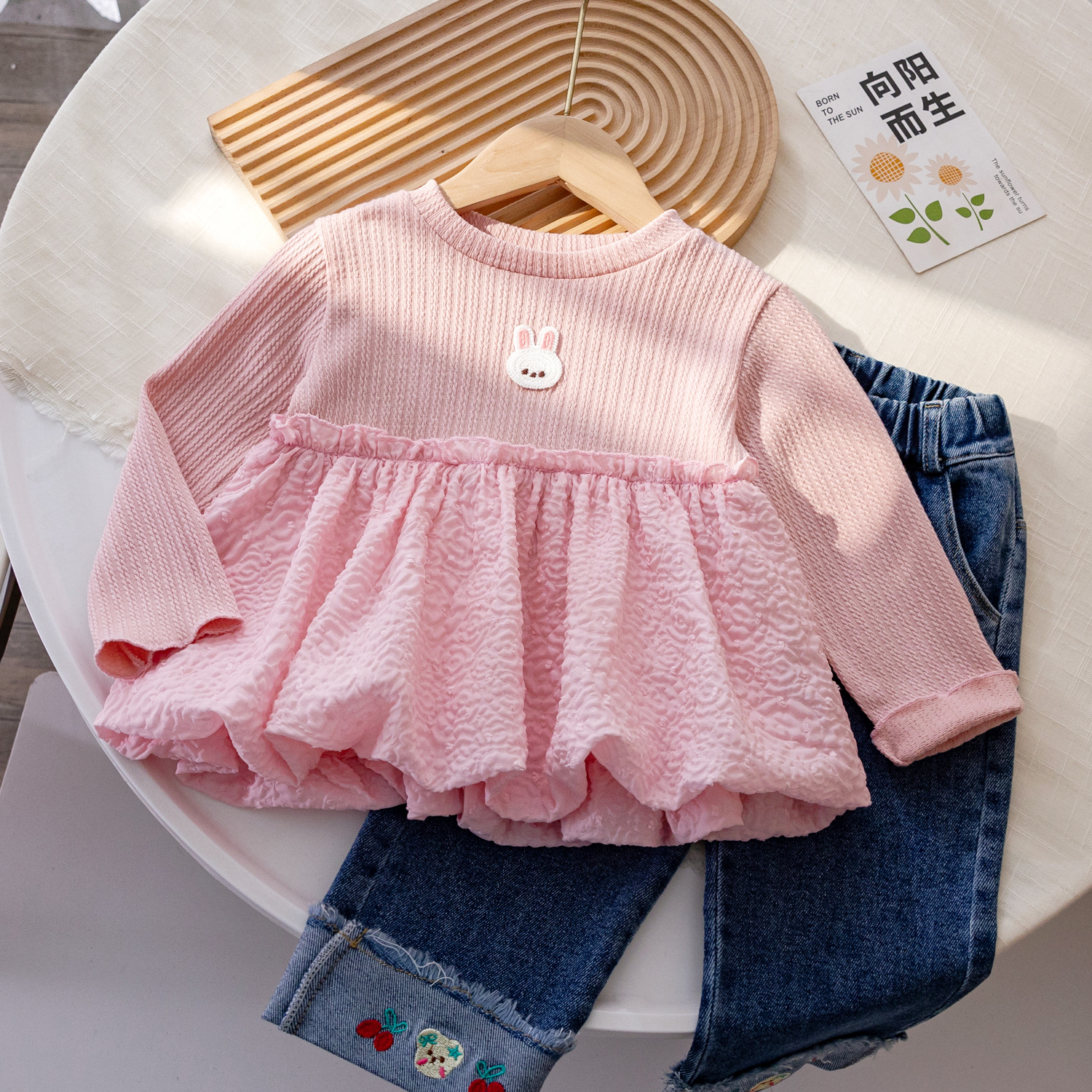 Korean style fashion flower bud base shirt for girls baby spring and autumn cute versatile long-sleeved T-shirt fashionable lace top trendy