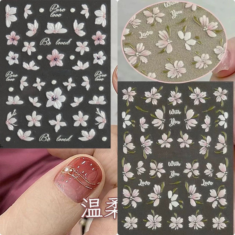 Popular 5D Nail Stickers Camellia Fresh Style Three-Dimensional Embossed Cherry Blossom Nail Art Adhesive Stickers Available for Wholesale