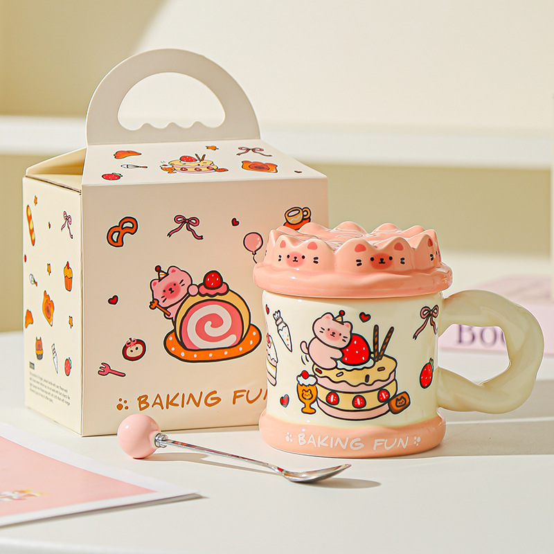 Tarta de cumpleaños pintada a mano, taza de gato, taza de cerámica de alta calidad con cubierta, taza de agua para niñas, taza de cerámica para parejas