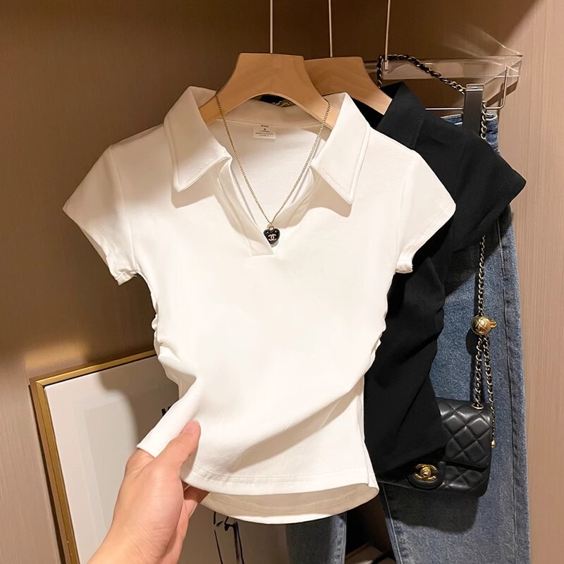 Polo Collar Shoulder Short T-Shirt Women's Summer New Tight Waist Slim-Fit Slimming All-Match Casual Hot Girl Top Ins Trendy Polo Collar Shoulder Short T-Shirt Women's Summer New Tight Waist Slim-Fit Slimming All-Match Casual Hot Girl Top Ins Trendy