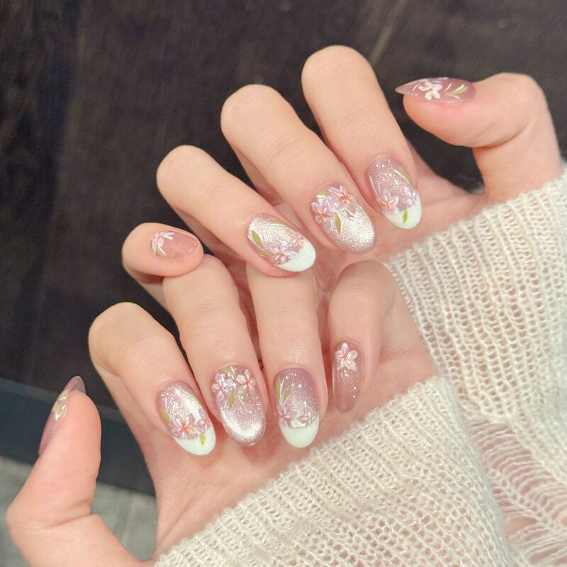 Yihe【Soft Mist Cherry Blossom】Light Cherry Illusion Gauze Hand-Painted Nail Art with a Fresh Atmosphere, Versatile Purely Handmade Wearable Nail Pieces